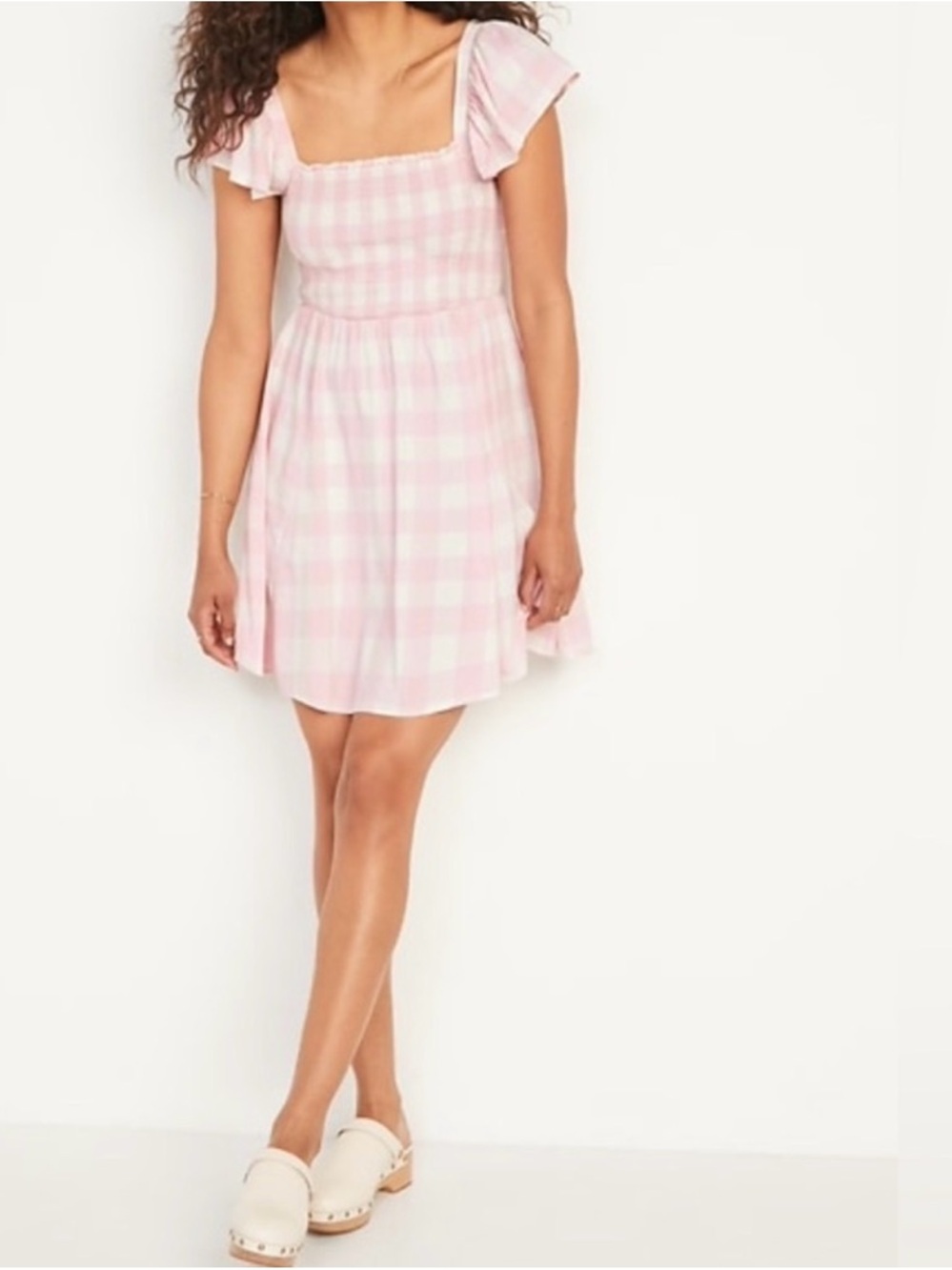 Old Navy fit & flare pink ivory gingham plaid flutter sleeve smocked dress